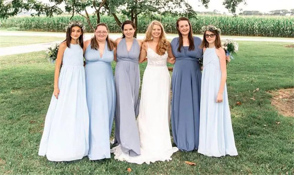 Vestidos de Madrinha Azul Acinzentado Vestido Infinito Multifuncional Costas Abertas Seda de Leite Casamento Noite Vestidos de Festa Vestidos de Festa