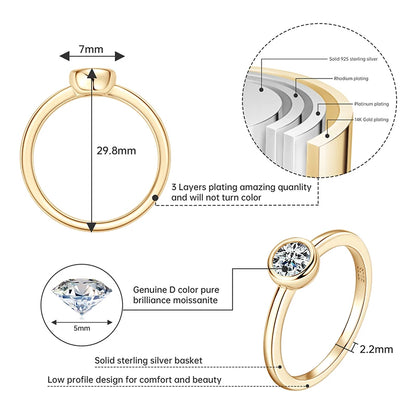 18K Gold Plated Solitaire Ring 0.5CT Bezel Moissanite Rings for Women Real Silver 925 sterling Promise Engagement Jewelry