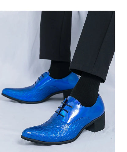 Luxury Wedding Dress Men High Heel Shoes Design Blue Man Patent Leather Shoes Party Men Pointed Toe Formal Shoes Zapatos Oxfords