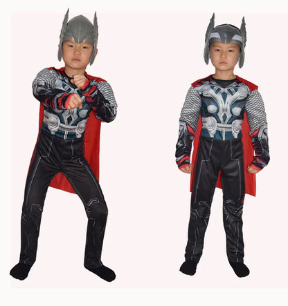 Halloween Carnival Clothes for Children Kids Thor Muscle Costume Superhero Thor Cosplay Muscle Costume Jumpsuit Mask Performance