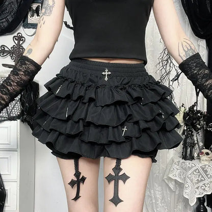 2026 Summer New Arrival Hot Girl Trendy Versatile Mini Skirt Dark Cross DesignTiered Cake Black Fluffy Skirts