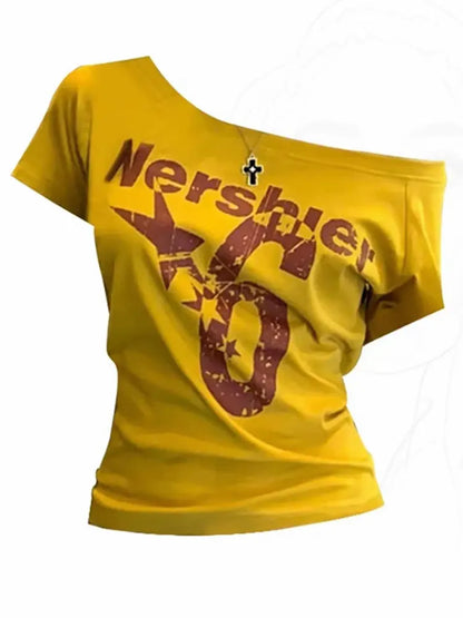 Summer Y2k Sport Off shoulder Top Women Sexy Vintage 2000s Short sleeve T shirt  Lady Body Basic Crop Top Female Casual