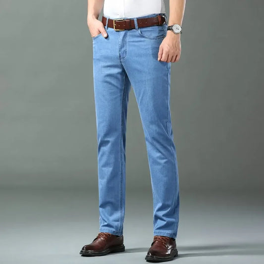 Denim Jeans For Men Blue Straight Stretch Cotton Pants Business Casual Lightweight Trousers Spring Summer