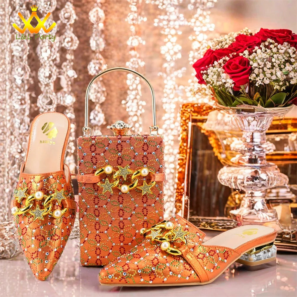 Low Heels Comfortable Sweet Style Italian Design Shoes Matching Bag Set in Orange Color High Quality with Crystal for Dress