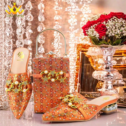 Low Heels Comfortable Sweet Style Italian Design Shoes Matching Bag Set in Orange Color High Quality with Crystal for Dress