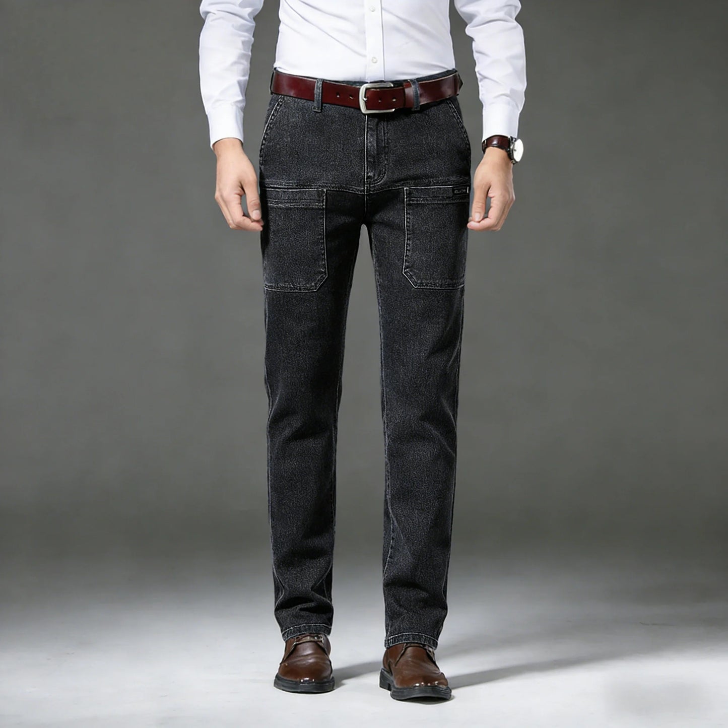 Men's retro workwear jeans, slim fit straight leg with multiple pockets, micro elastic versatile casual pants