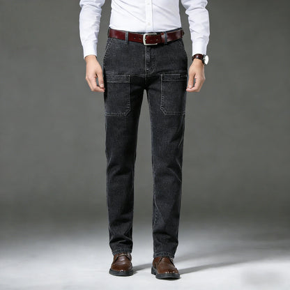 Men's retro workwear jeans, slim fit straight leg with multiple pockets, micro elastic versatile casual pants