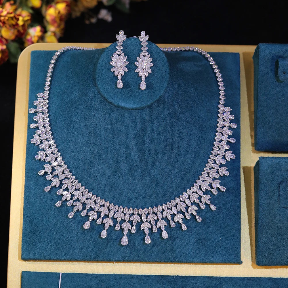 Dubai Jewelry Sets Leaf Design Bridal Necklace Earring Set 5A Cubic Zirconia Femme Ladies Wedding Accessories