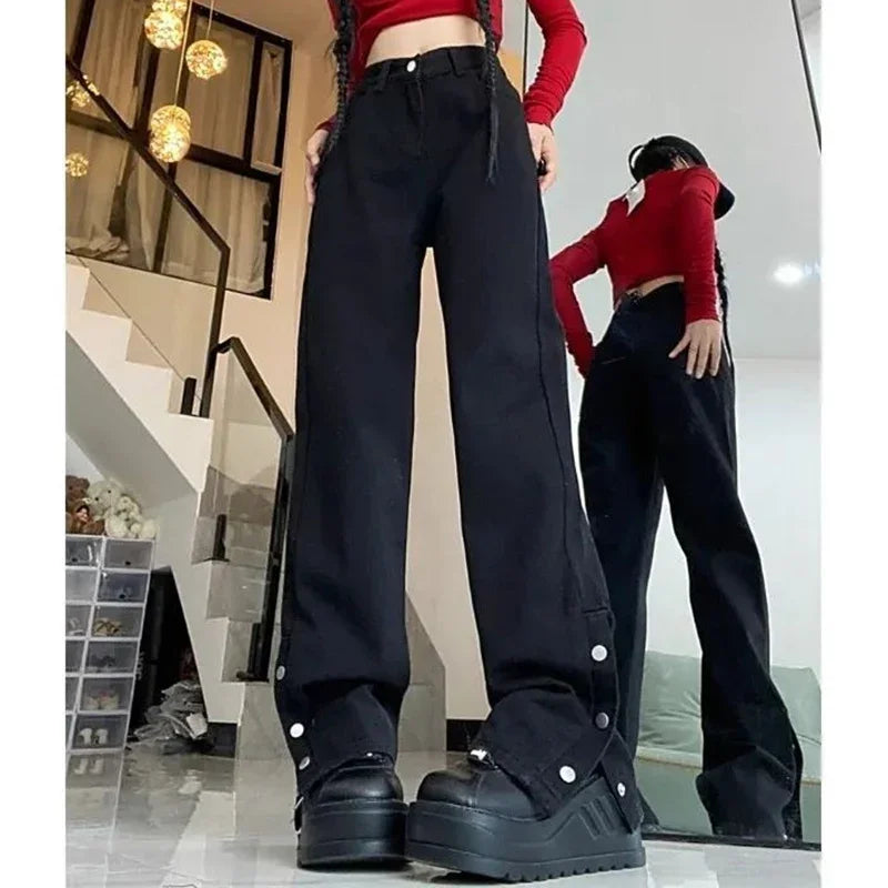 High Waist Jeans Women Black Baggy Straight Leg Denim Trousers