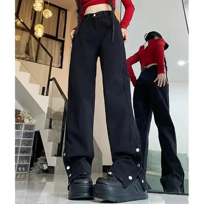 High Waist Jeans Women Black Baggy Straight Leg Denim Trousers
