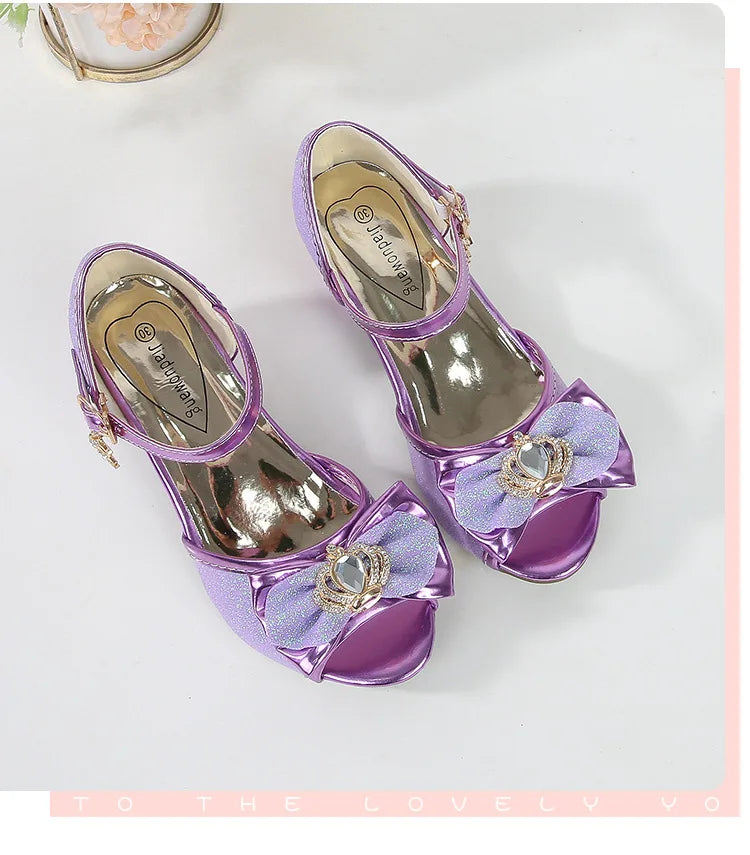 Girls Princess Sandals Summer Open-toe Elegant Children High Heels Fashion Sequins Crown Kids Causal Glitter Wedding Dress Shoes