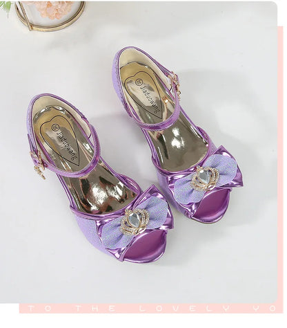 Girls Princess Sandals Summer Open-toe Elegant Children High Heels Fashion Sequins Crown Kids Causal Glitter Wedding Dress Shoes