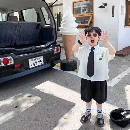 Boys Summer Formal Clothing Set 3PC Gentleman Outfit Short Sleeve Shirt Shorts with Tie for Toddler Kids Party School Daily Wear