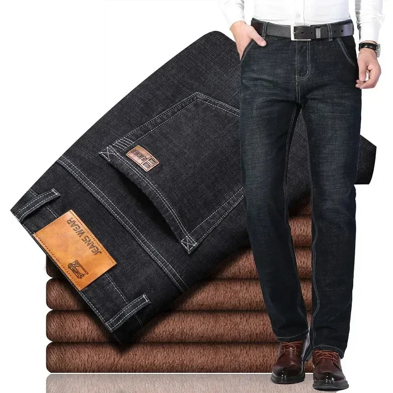 2023 Winter Men Black Blue Straight Stretch Denim Thick Velvet Pants Warm Jeans Casual Fleece Line Trousers Male Plus Size