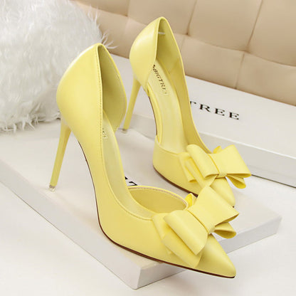 Women 7.5cm 10cm High Heels Korean Pumps Scarpins Cute Bow Middle Low Heels Lady Fetish Sweet Wedding Bridal Yellow Blue Shoes