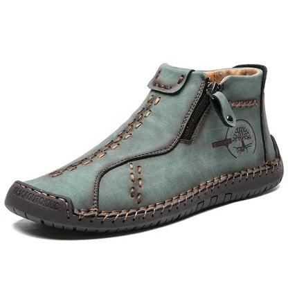 Sapatos Masculinos Clássicos de Couro Feitos à Mão, Design com Zíper, Tênis Esportivos para o Ar Livre, Sapatos Casuais Respiráveis com Elástico, Botas Masculinas de Couro no Tornozelo