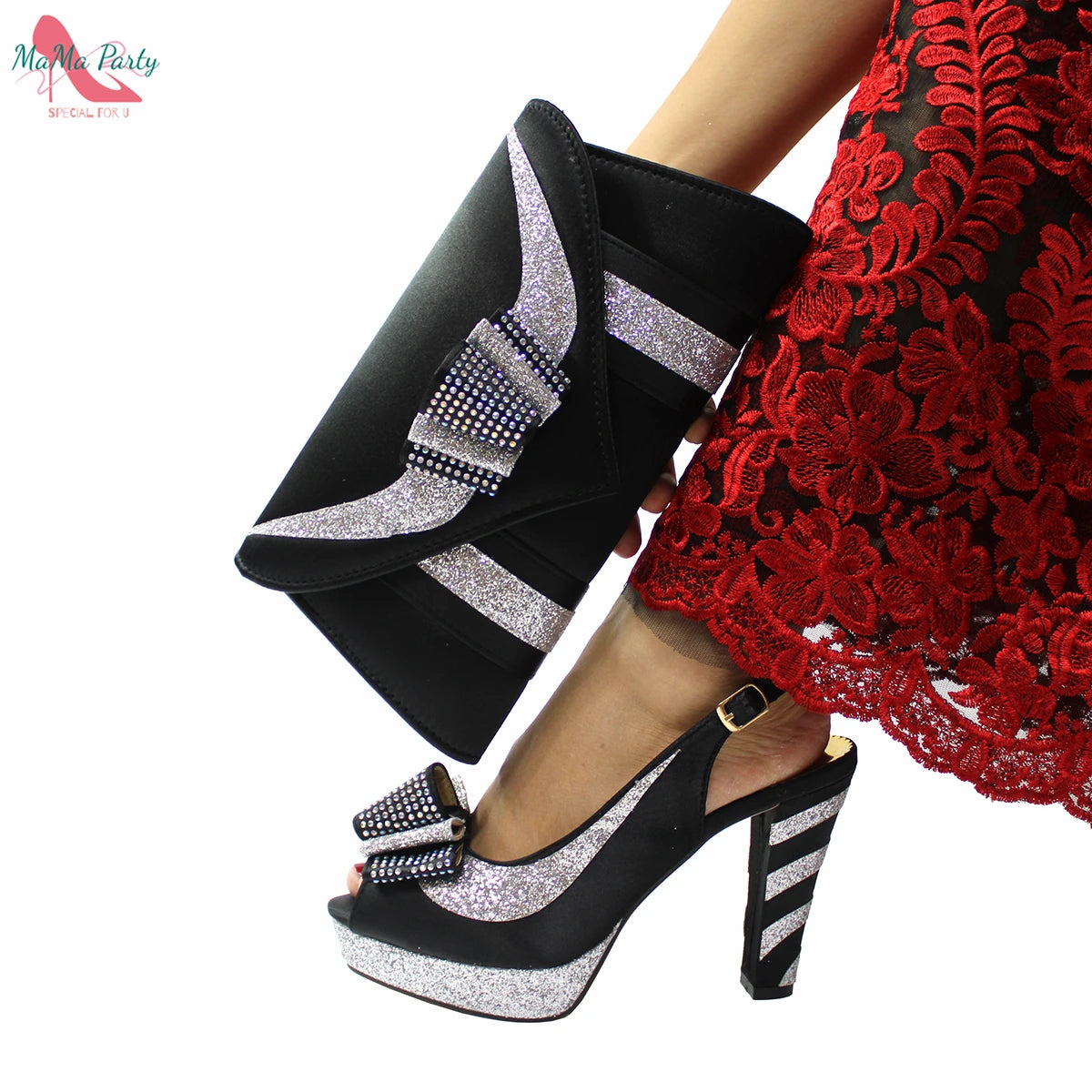 Fashion Pretty Peep Toe African Women Shoes Matching Bag Set in Silver Color Elegant Style Platform Sandals for Party