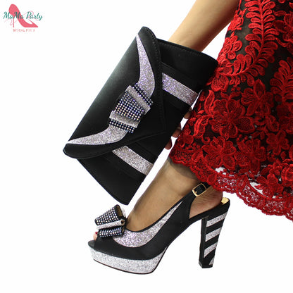 Fashion Pretty Peep Toe African Women Shoes Matching Bag Set in Silver Color Elegant Style Platform Sandals for Party