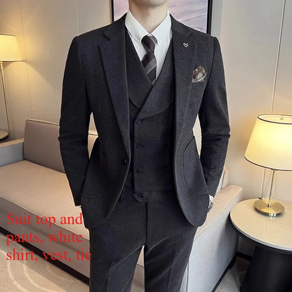2025 Autumn Winter New Thickened Warm Woolen Blazer Set for Men Korean Version Slim Fit Groom Best Man Wedding Suit Formal Wear