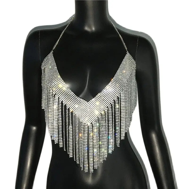 Bling Rhinestones Tassel Party Crop Top Woman Fashion Halter Neck Backless Design Full Diamond Sequins Nightclub Clubwear