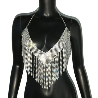 Bling Rhinestones Tassel Party Crop Top Woman Fashion Halter Neck Backless Design Full Diamond Sequins Nightclub Clubwear