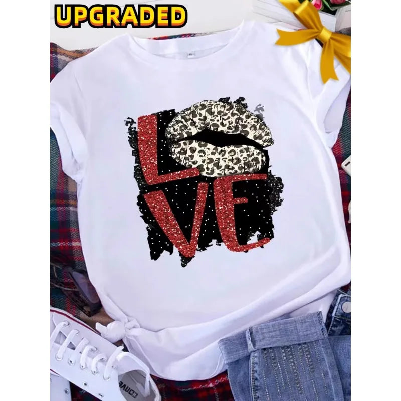 American Retro Letters Love White T-shirt Women Short Sleeve Round Neck Loose Large Size Casual Top Oversized