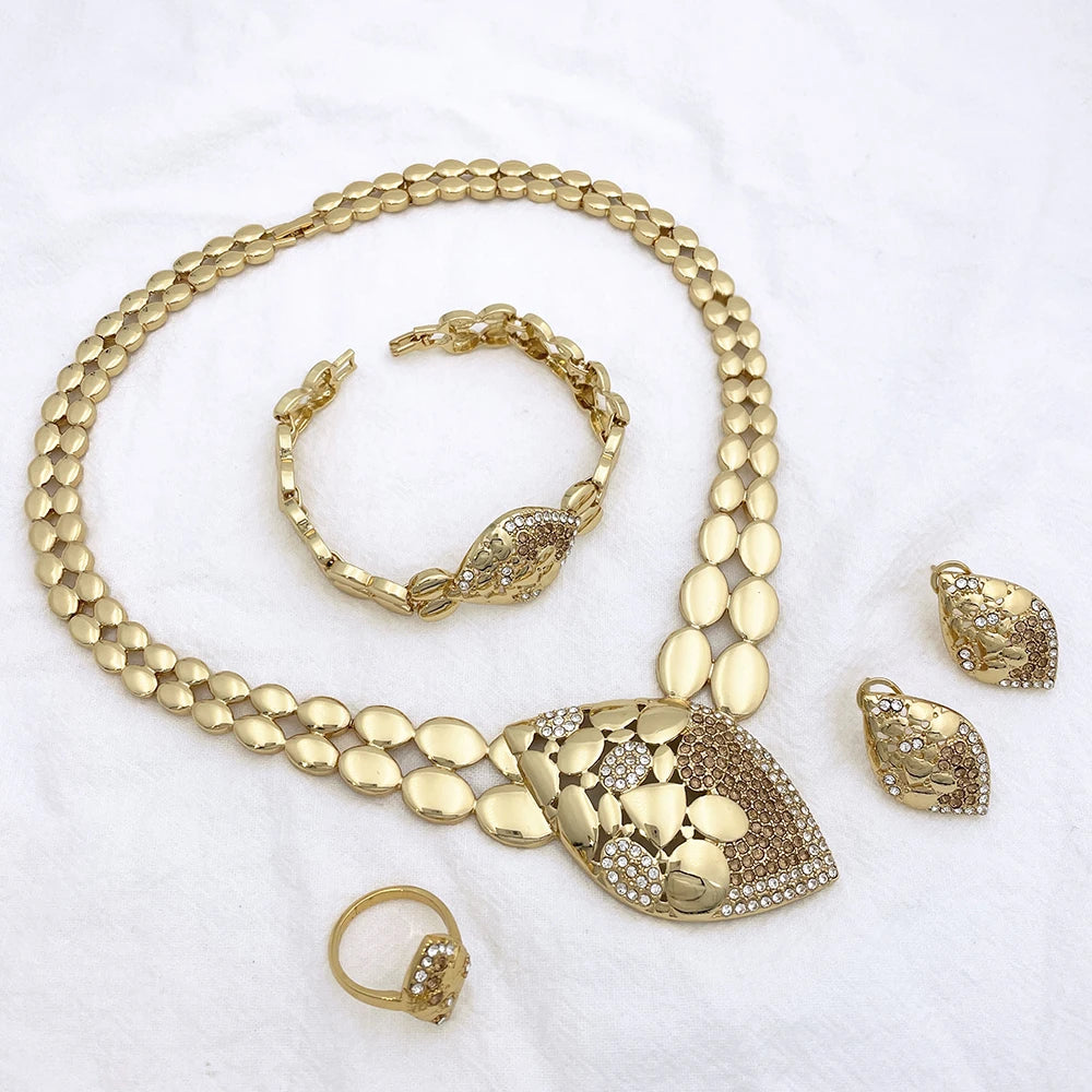 Quality Women Jewelry Sets Luxury Design Dubai Trending Gold Color Necklace Earrings Ring Bracelet Wedding Party Gift