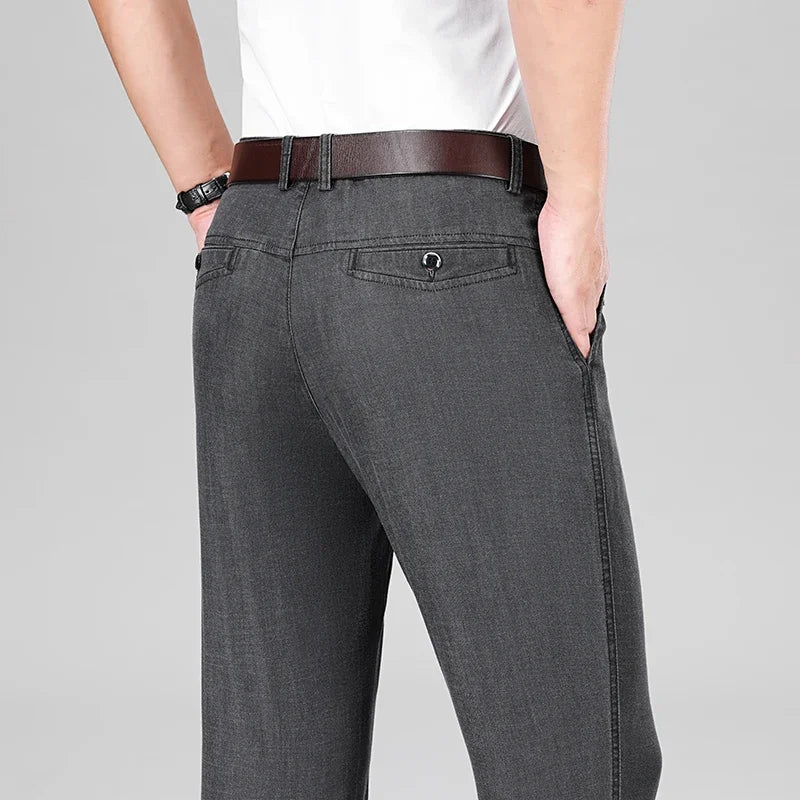 2026 New Men's Summer Jeans Thin Loose Stretch Large Size Ice Silk Straight Pants Elite Business Casual Pants Smoke Gray Blue