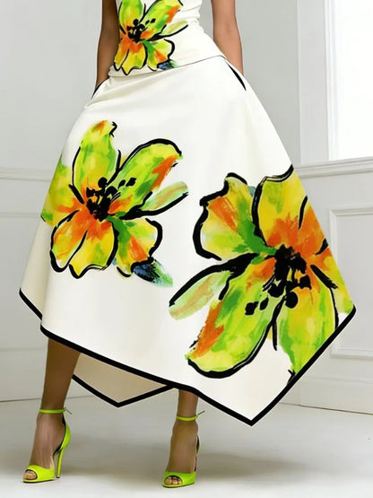 Women's Elegant Floral Printed Midi Skirt High Waist Asymmetric Hem Pockets High Waisted Party Evening A-Line Skirts