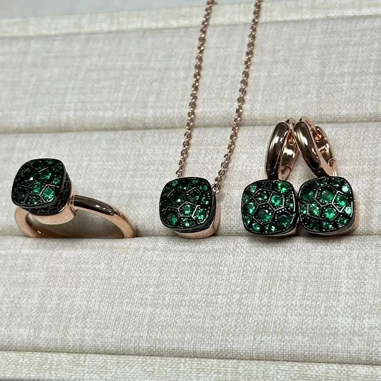 10.6mm Honeycomb Style Jewelry Set For Women Ring Earrings Necklace Rose Gold Candy Crystal Bijoux Gift