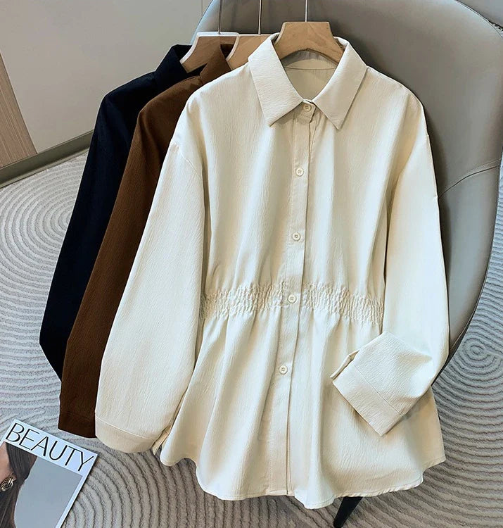 2026 Women's Plus Size Blouse Korean Style Spring Autumn Loose Elegant Casual Mid-length Tops Long Sleeved Waist Cinching Shirts