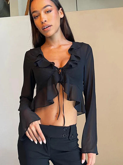 2025 Women Fungus Lace Solid See Through Silk Flare Sleeve V Neck Crop Tank Fashion Casual Sweet Girl Top