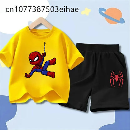 Spider-Man Trendy New Style Children Summer Outfit Cartoon Pattern Short Sleeve Tee Sports Shorts Loose Breathable Wear Gift