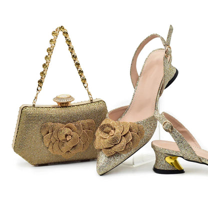 Fashion Nigerian Women Shoes and Bag Set Decorated with Rhinestone in Italy African Party Italian Shoe and Bag Luxury Pumps