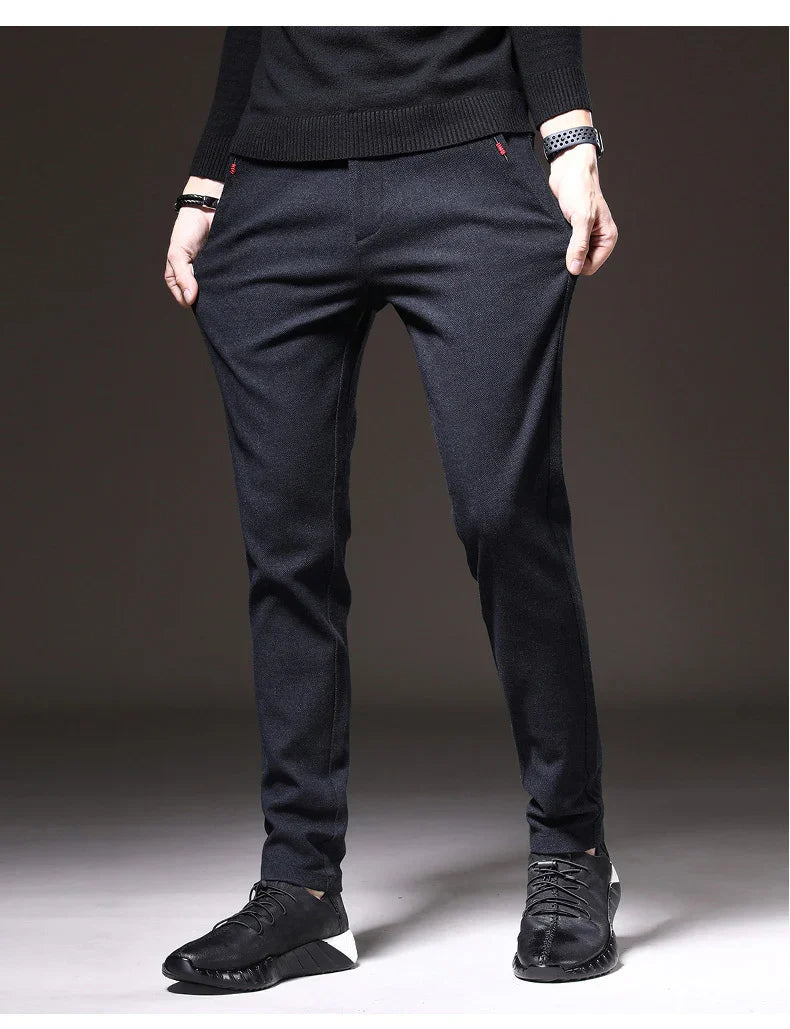 Autumn Winter Thick Men's Casual Pants Brushed Fabric Straight Slim Business Fashion Trousers Stretch Korean Male Clothing