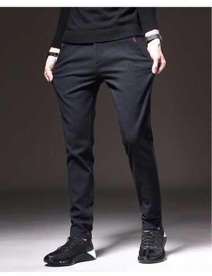 Autumn Winter Thick Men's Casual Pants Brushed Fabric Straight Slim Business Fashion Trousers Stretch Korean Male Clothing
