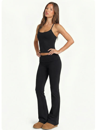 2 Piece Yoga Set Women Foldover Waist Flare Pants Bell Bottoms Tank Top Matching Set Gym Workout Fitness Wear Lounge Wear Suit