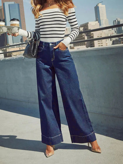 Women's High Waist Wide Leg Jeans - Classic dark blue washed stretch jeans