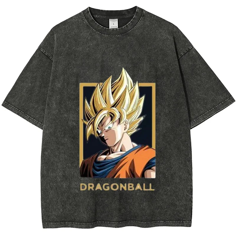 Vintage Washed Men's T Shirts Dragon Ball Goku Saiyan Anime Printed Summer Women's Oversized Short Sleeve Tees Y2k Clothes Tops