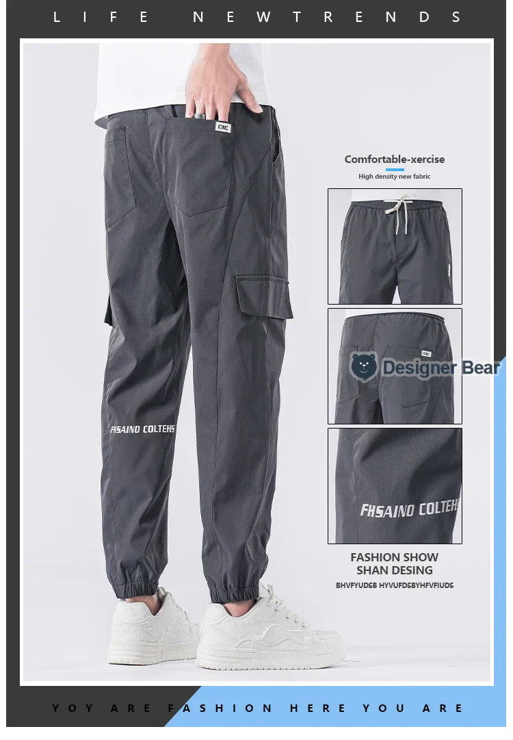 Spring Summer Thin Men's Cargo Pants Loose Tapered Elastic Cuff Jogger Trousers Quick Dry Casual Outdoor Haren Pants Male 5XL