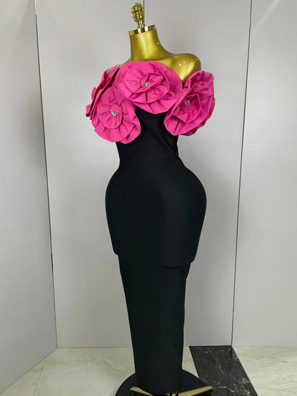 Red Flowers Sexy Off The Shoulder Ankle Lenght Bandage Dress Woman Birthday Party Vestido Wedding Party Outfit