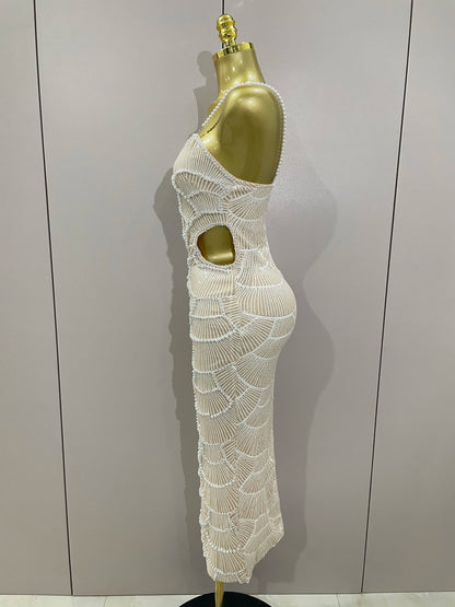 Women Hot Sale Sleeveless Sexy Strap Pearl Beading Sequins Bodycon Long Dress Celebrate Evening Party Birthday Outfit Vestido