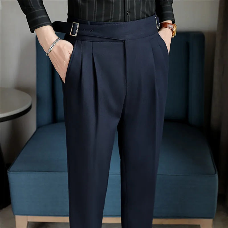 Luxury Men's Slim High-Rise Dress Pants - Heavyweight Subtle Stripe with 3D Pleats & Naples Tailoring