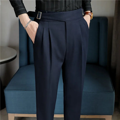 Luxury Men's Slim High-Rise Dress Pants - Heavyweight Subtle Stripe with 3D Pleats & Naples Tailoring
