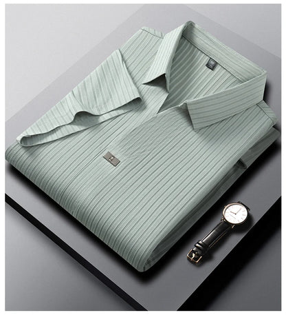 High quality personality texture stripe short sleeve polo shirt summer ice silk breathable buttonless men's solid color T-shirt