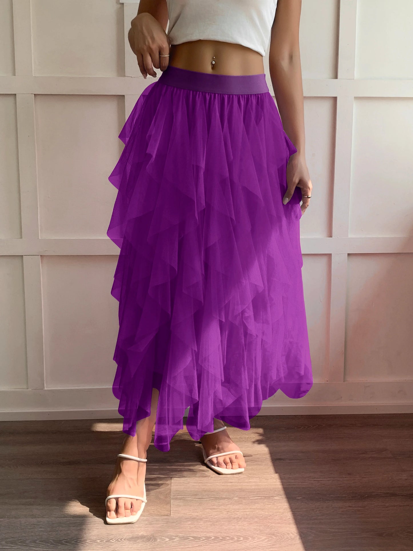 Medium waist chiffon long skirt for women, irregular layered pleated edge layered cake skirt, elegant fairy A-line skirt