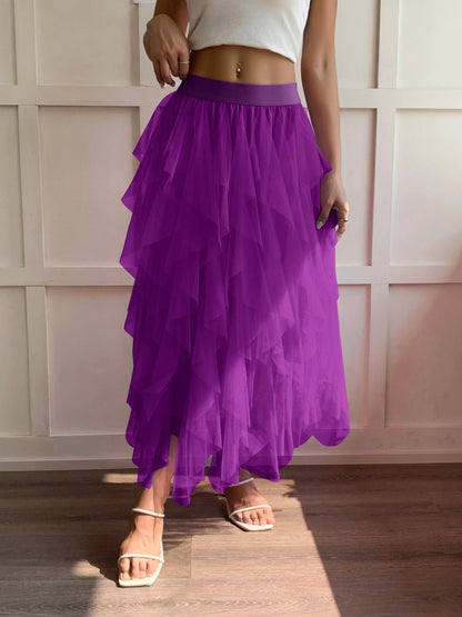 Medium waist chiffon long skirt for women, irregular layered pleated edge layered cake skirt, elegant fairy A-line skirt