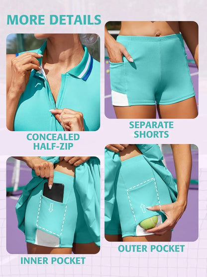 Women Tennis Dress Polo Half Zipper Pleated with Built in Bra Separate Shorts One-Piece Slim Fit with Pockets Golf Dress