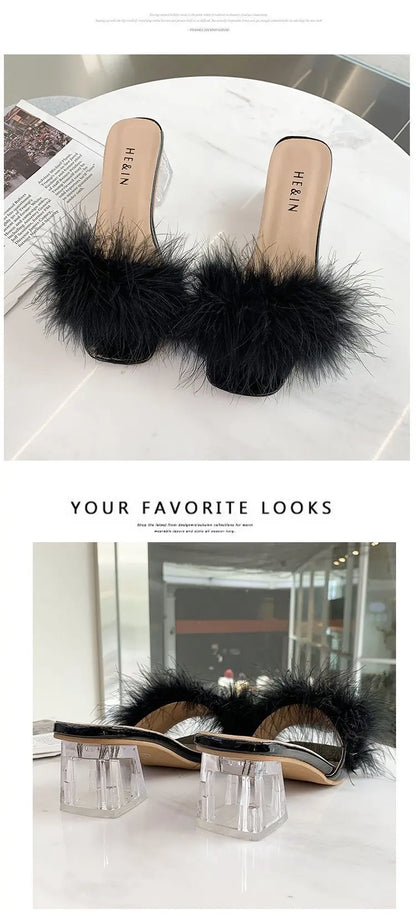 2023 Fluffy Peep Toe Sexy High Heels Women Shoes Fur Feather Lady Fashion Wedding Slip-On Pink Square Toe Women Sandals