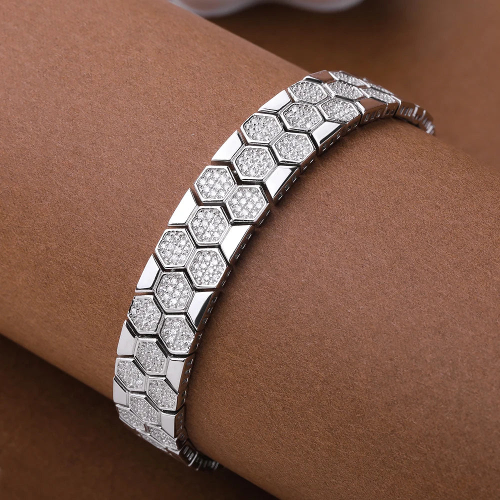 Original Honeycomb Moissanite Diamond Bracelets for Women Men 925 Sterling Silver Tennis Bracelet Wide Edge Bangles Wrist Chain